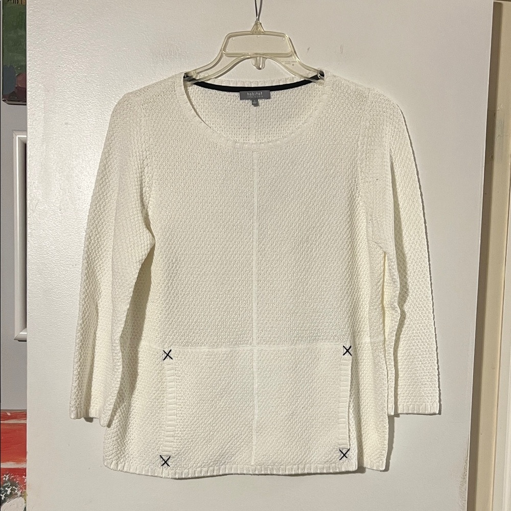 Habitat off white textured round neck sweater front pouch pocket.